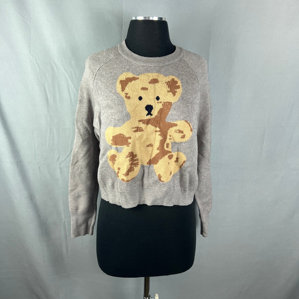 Hippie Rose Womens Teddy Bear Camo Graphic Sweater Gray Crew Neck Size M